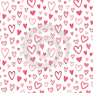 Valentine`s day hand drawn doodle hearts seamless vector pattern